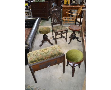 Two Victorian oak revolving stools; an Edwardian mahogany circular stool; a rectangular oak stool; an Edwardian oak chair wit