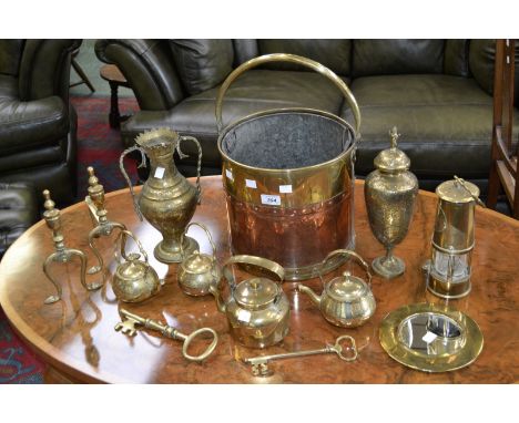 Brassware - a copper and brass coal bucket, swing handle;  an Eccles type 6 miners lamp;  brass keys etc qty