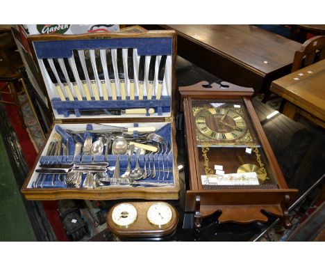 20th century harlequin canteen of flatware, including Viners, oak case; a President quartz movement wall clock; barometer/the