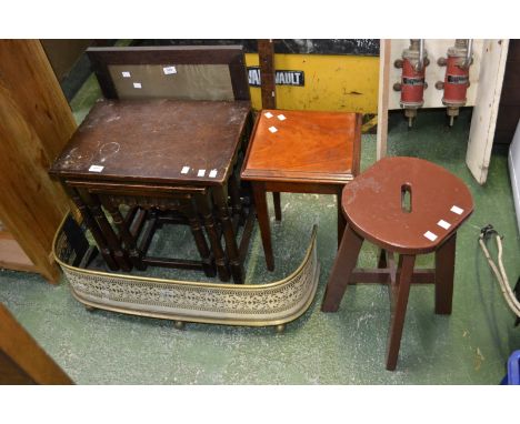 An oak nest of tables; a fire screen; a decorative fire fender; an inlaid frame and two stools