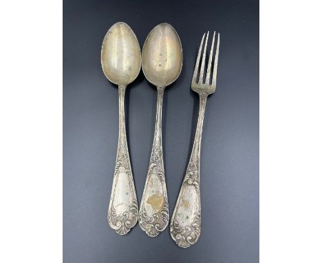 Two silver spoons and a fork Marked 800 and total weight 184g