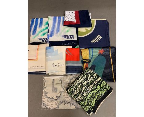 A selection of vintage scarfs, various markers, Pierre Carelin, Jean Patou and Aurline UTA, Christian Dior uniform scarfs 