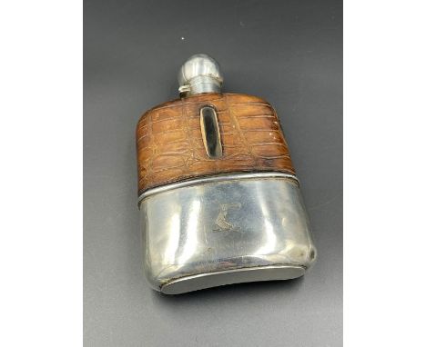 A Silver, glass and leather hip flask , hallmarked for London 1892 by Brockwell &amp; Son