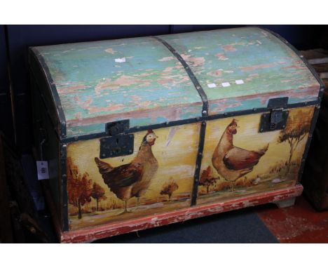 A painted trunk adorned with hens 87cm wide 