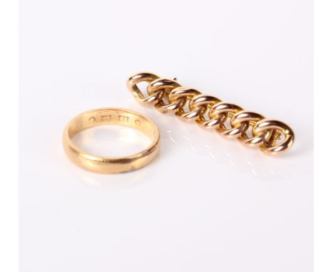 An 18ct gold wedding band, 3.8 grams and a rope twist tie pin with 9 carat stamped to the pin.
