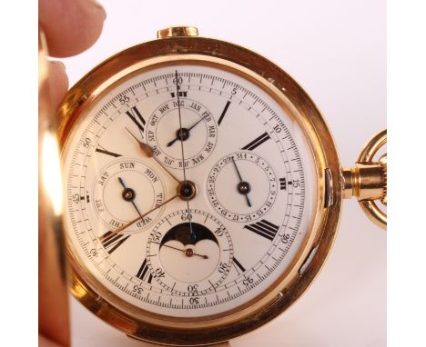 An 18ct gold full hunter quarter and minute repeater chronograph pocket watch, enamel Roman numeral dial, four subsidiary dia