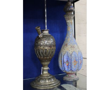 A cloisonné Shisha pipe (af) and an enamel urn with stopper (af) (2)