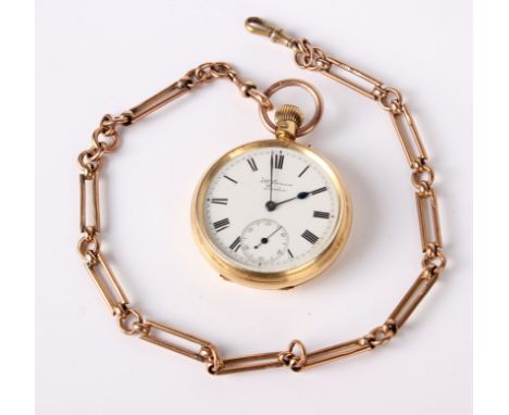 J. W. Benson London 18ct open face pocket watch, having enamel face with Roman numerals and seconds dial on 9ct gold chain, 1
