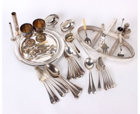 Silver plate: A mixed quantity of loose flatware, ladles, goblets, tray and serving dish with three glass divisions.