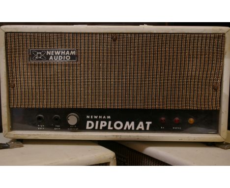 A vintage Newham Audio Diplomat amp and speakers set together with a vintage Ross London type G E Model 1 magic lantern brass