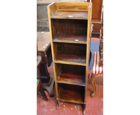 A Libertys narrow mahogany and inlaid bookcase  and a small circular tripod table