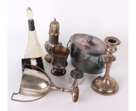 Silver; A Trophy with a twisted base, a silver candlestick , some silver plate table ware and a Torrente ladies wrist watch.