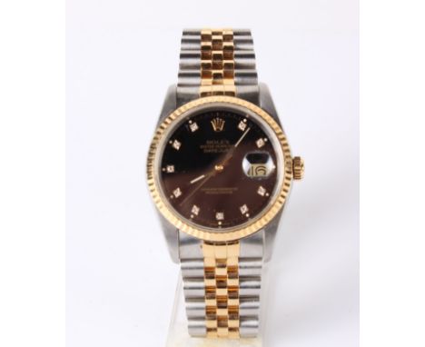 A gent's 18ct yellow gold and stainless steel Rolex Oyster Perpetual Datejust wristwatch, having diamond set markers and blac
