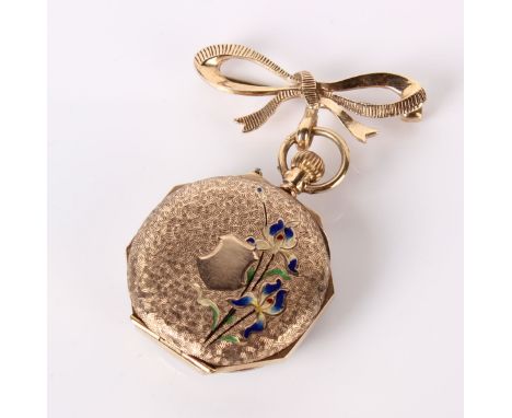 A 9ct gold fob watch with floral enamel detail to reverse (worn), attached to a 9ct gold bow brooch