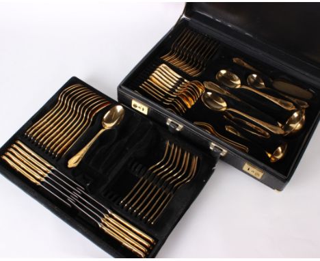 A case of Royal Collection Solingen gold plated flatware, twelve settings, lacking four main forks, three knives, three teasp