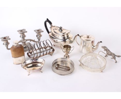 Silver plate; A boxed set of fish knives and forks, flatware, toast rack, teapots, tankard, etc.  