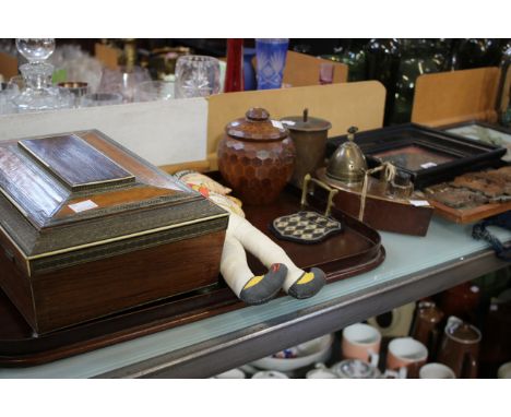 A group of miscellaneous items including a French art inkwell, a sandalwood box, a tray, bouillotte lamp (af) and other items