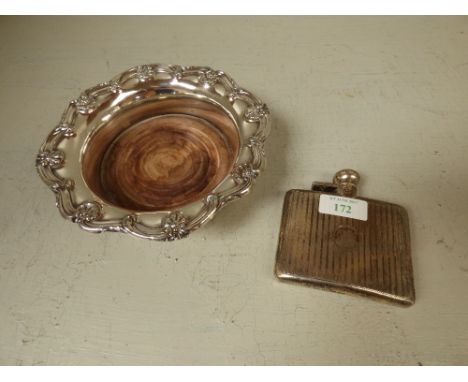 Hallmarked silver hip flask by 'S. M & Co.' London & silver plated wine coaster, 3ozt