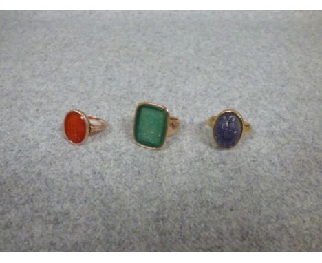 3 various yellow metal signet rings, sizes 'P', 'P' & 'K', 17g