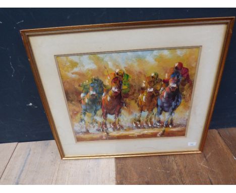 Impressionist equine oil painting study "Horse Race Jockeys at Full Gallop" signed 'R. Sanford' 37 x 46 cm