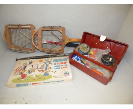 Fishing box with various fishing tackle & 2 vintage tennis rackets etc.