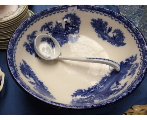 Large blue & white Watteau punch bowl, 39 cm dia., & a ladle