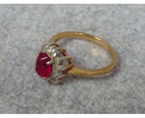 Ruby & diamond style cluster ring set in yellow & white coloured metal, size 'Q', 2.6g