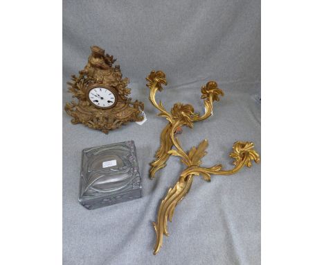 French style gilt metal mantle clock, pair of gilt metal wall sconces & Art Nouveau style jewellery box with costume jeweller