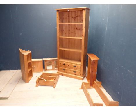 Pine free standing book shelf & various pine wall shelves