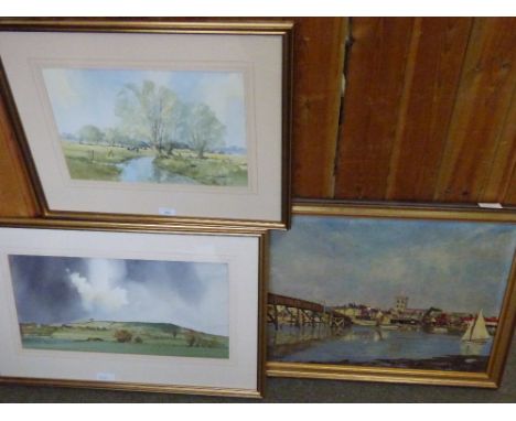 4 watercolours of landscape scenes by "Andy Poiderin", f/g & oil on board of river scene, bears signature "R. Jolly"