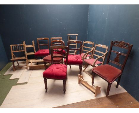 Set of 4 mahogany dining chairs & 6 various chairs, 2 pine wall shelves & pine step ladder