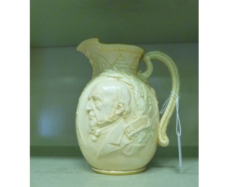 A Royal Doulton Burslem china jug, decorated with a coat of arms and portrait bust of Gladstone  7.5''h       OS10