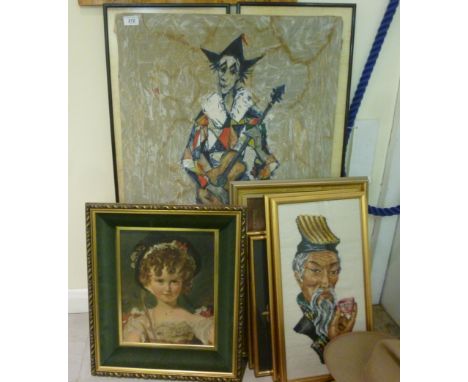 Pictures, prints and tapestries: to include a Batik style, featuring a jester playing a flute, on a stool  24'' x 37''       