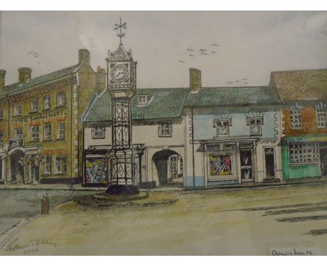 LOCAL INTEREST SIGNED PATRICIA HOLDING WATERCOLOUR OF DOWNHAM MARKET CLOCK AND SWAN HOTEL