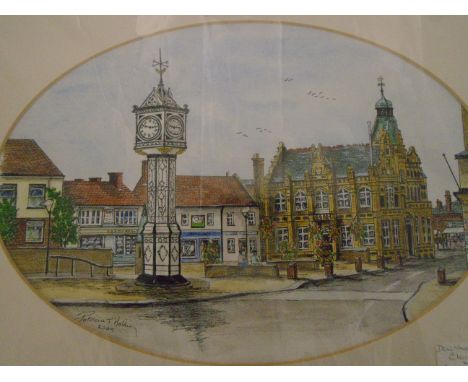 LOCAL INTEREST SIGNED PATRICIA HOLDING WATERCOLOUR OF DOWNHAM MARKET CLOCK AND TOWN HALL (42 X 30)CM