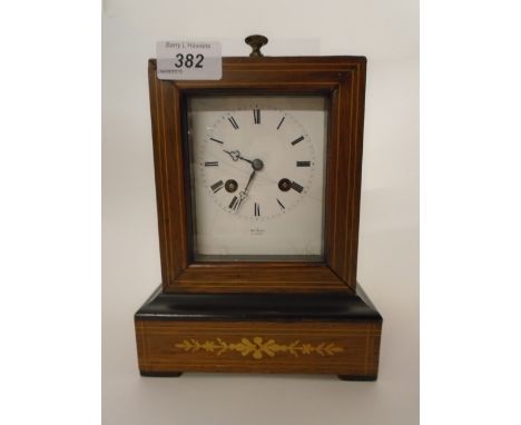 FRENCH WOOD CARRIAGE CLOCK WITH INLAY WHITE ENAMELLED DIAL WITH ROMAN NUMERALS, SIGNED HEY MARC PARIS, BRASS CARRYING HANDLES