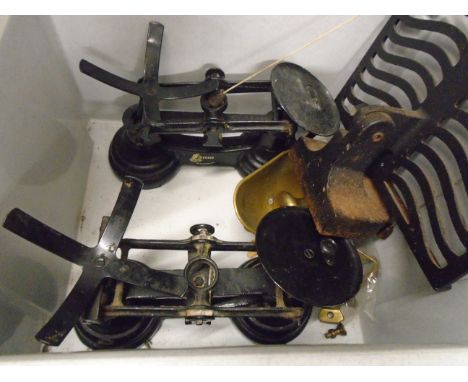 2 SETS OF METAL SCALES PLUS WEIGHTS AND METAL BOOKSTAND