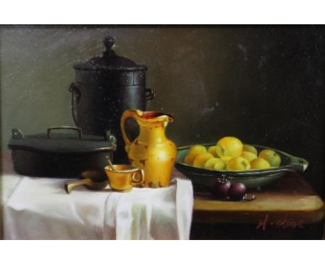 H Stone (20th century): oil on board panel, still life with fruit, 16 x 11 cm. UK P&amp;P Group 3 (£30+VAT for the first lot 