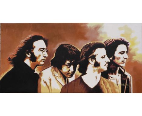 K Barbey (contemporary): large oil on canvas, portrait of The Beatles, 122 x 61 cm. Not available for in-house P&amp;P 