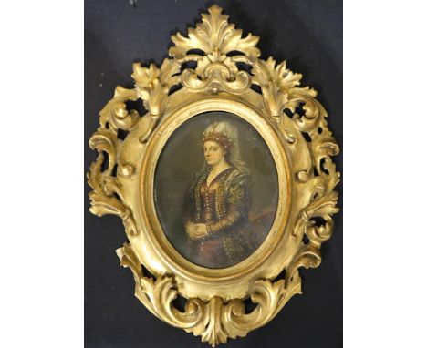 Paolo Ferretti (1864-1937): oil on board, portrait of a lady, inscribed and label affixed verso, 16 x 21 cm. UK P&amp;P Group