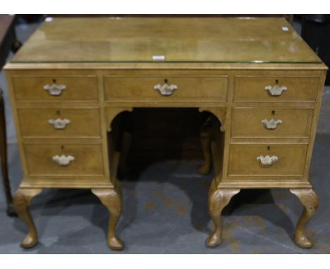 1930's twin pedestal writing desk with quartered veneer and protective glass top, 115 x 65 x 83 cm H. Not available for in-ho