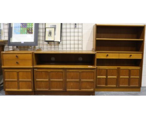 Three pieces of Nathan Squares furniture, including a TV unit with two cupboard doors, a two stacked drawers over a cupboard 