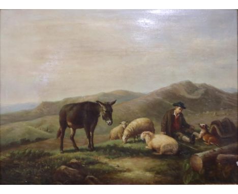 19th century English school oil on panel, resting shepherd boy with sheep, dog and a donkey, 40 x 30 cm, unsigned. Not availa