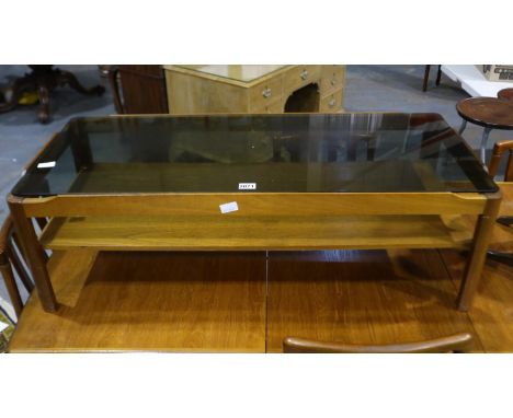 Mid 20th century teak rectangular centre table, with smoked glass top and under-shelf, 112 x 48 x 45 cm H 