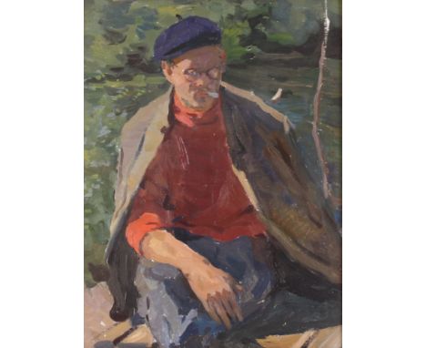 19th Century continental school portrait study of a seated man wearing a beret, river and trees beyond, unsigned oil, 40cm x 