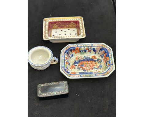 Early Spode soap dish, iron stone soap dish together with a novelty chamber pot & a papermache snuff box 