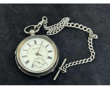 J P Lever victorian silver cased pocket watch with sub second dial, chain &amp; T Bar 