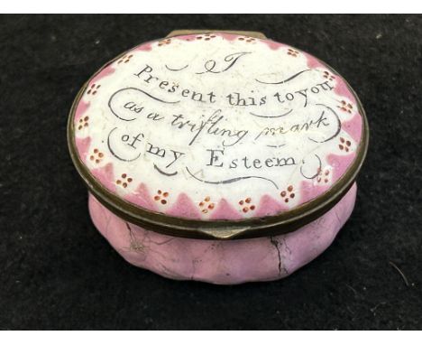 Early Bilston patch pot 'Present this to you as a tryfling mark of my steam' - typical age ware &amp; loss to verso 