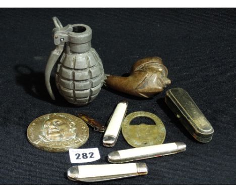 A Quantity Of Mixed Collectables Including A Carved Smoking Pipe, Pocket Knives Etc