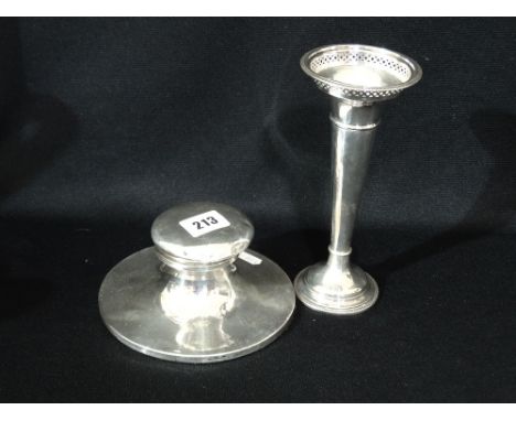 A Circular Silver Inkwell And Cover Together With A Circular Based Silver Rose Vase